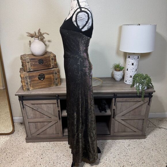 Vintage Cache Metallic Evening Maxi Gown Velvet Trim Size 4 Deadstock Y2K - Picture 6 of 11